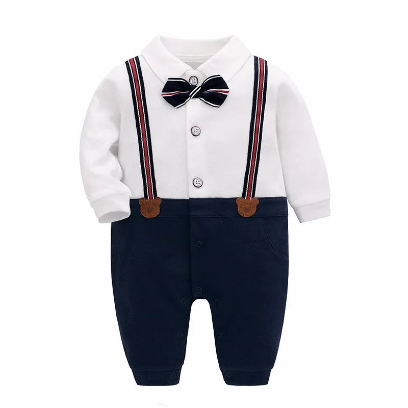 

Autumn Baby Infant Rompers Patchwork Baby Girl Clothes Overall Baby Clothes Boys Rompers Kids With Bow Necktie Baby Costume 18M