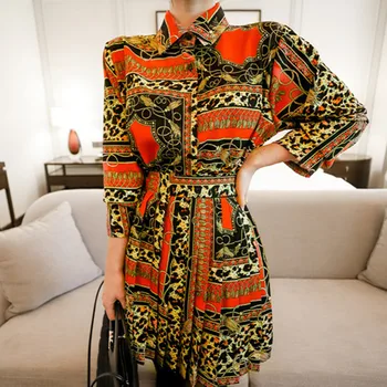 

New Pattern Women 2 Piece Set Korean Edition Female Fashion Long Sleeves Printing Shirt Top+Pleated Fold Mini Skirt Set Vestidos
