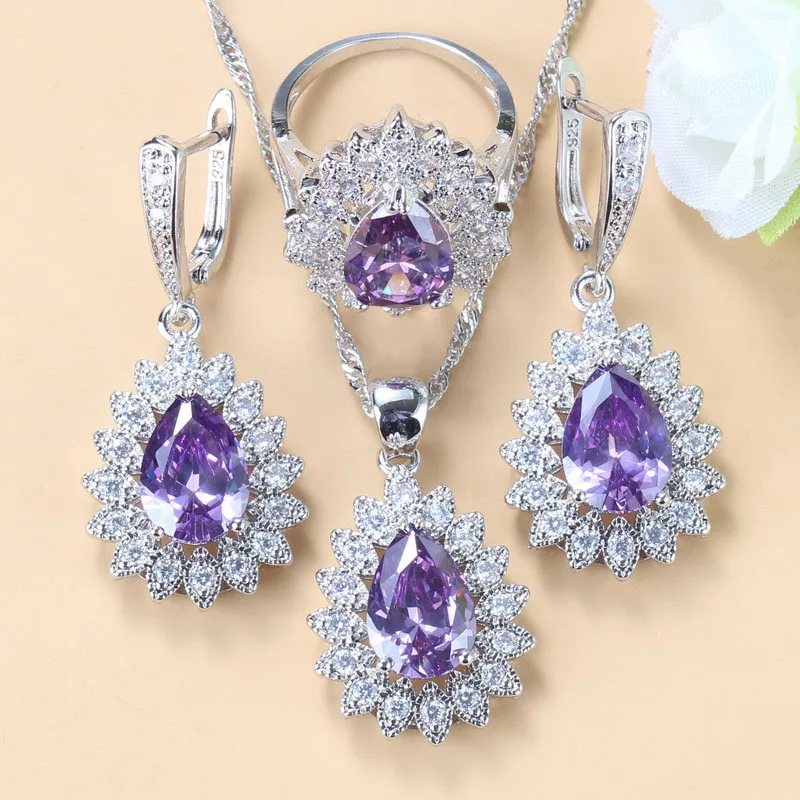 Charm Women Wedding Natural Crystal Bridal Silver Color Jewelry Sets Danger Earrings And Ring Fashion Costume | Украшения и