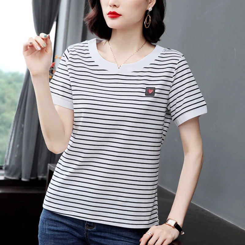

Striped Women T-Shirt Appliques Tops Women Tshirt 2020 Korean Fashion Plus Size Womens Clothing Camisetas Mujer Tee Shirt Femme
