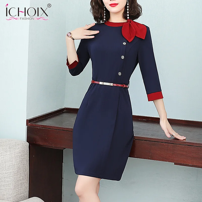 2020 ICHOIX England Style Women's Dress New Fashion Ladies's Office Wear Elegant Party Cloths Dark Blue Plus Size S-3XL | Женская