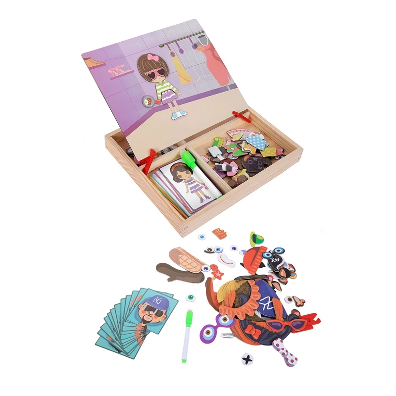 

MWZ 2 Set Magnetic Fun Jigsaw Children Wooden Puzzle Board Box Pieces Games Cartoon Educational Drawing Baby Toys for Girls Boys