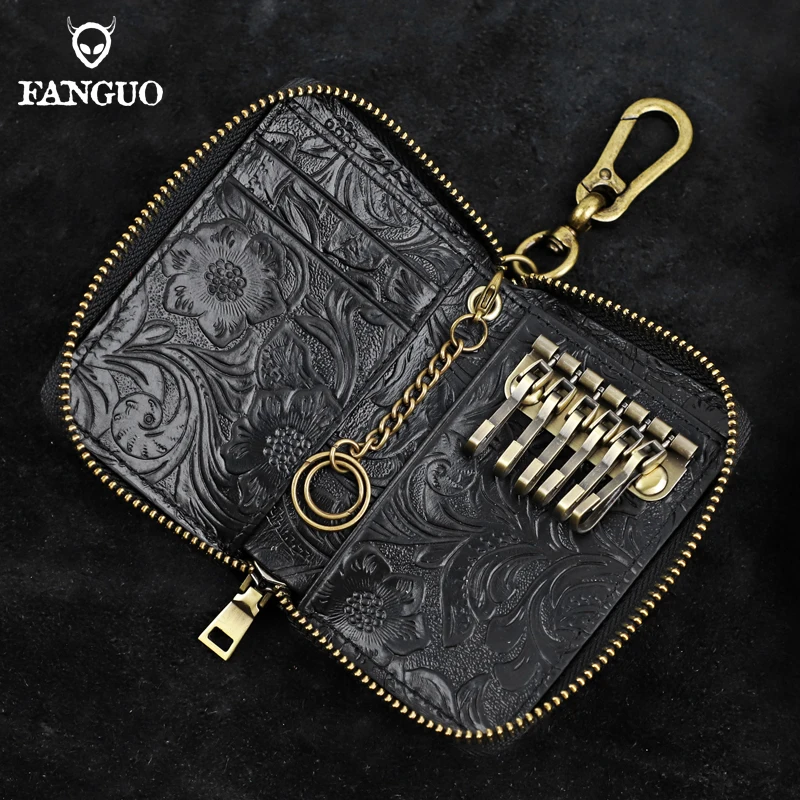RFID Blocking Genuine Leather Key Wallet 6 Keychains Housekeeper