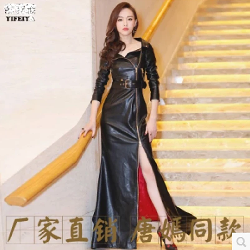 Весеннее и Южно-корейское Новое тонкое черное платье Tang Yan, длинное платье из искусственной кожи