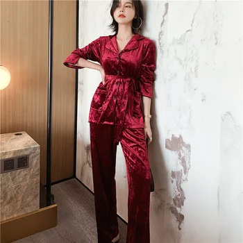 

Female Casual Sleepwear Negligee Sexy Long Sleeve Nightwear Kimono Bathrobe Home Clothing Lingerie Velour Soft Pajams Set