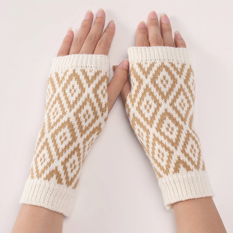 

Unisex Half Finger Gloves Geometric Splice Color Winter Stretchy Knit Fingerless Typing Glove for Office School Student