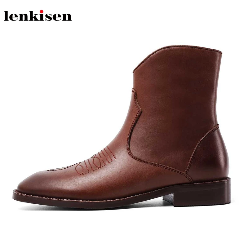 Lenkisen/Лидер продаж; модные женские ботинки из натуральной кожи на низком каблуке; винтажные однотонные Зимние Теплые ботильоны с круглым носком и вышивкой; L97