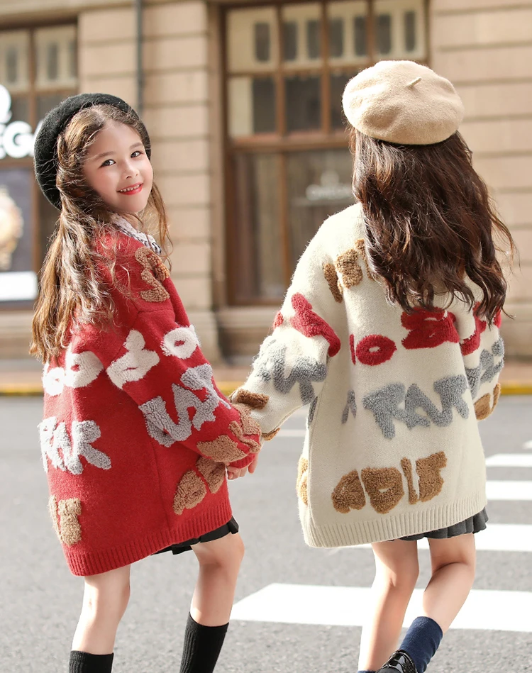 

Children Kid Girls Winter Embroidery Cardigans Sweater For Teens Baby Kids Knitted England Cardigan Sweaters Coats New 2019 Red