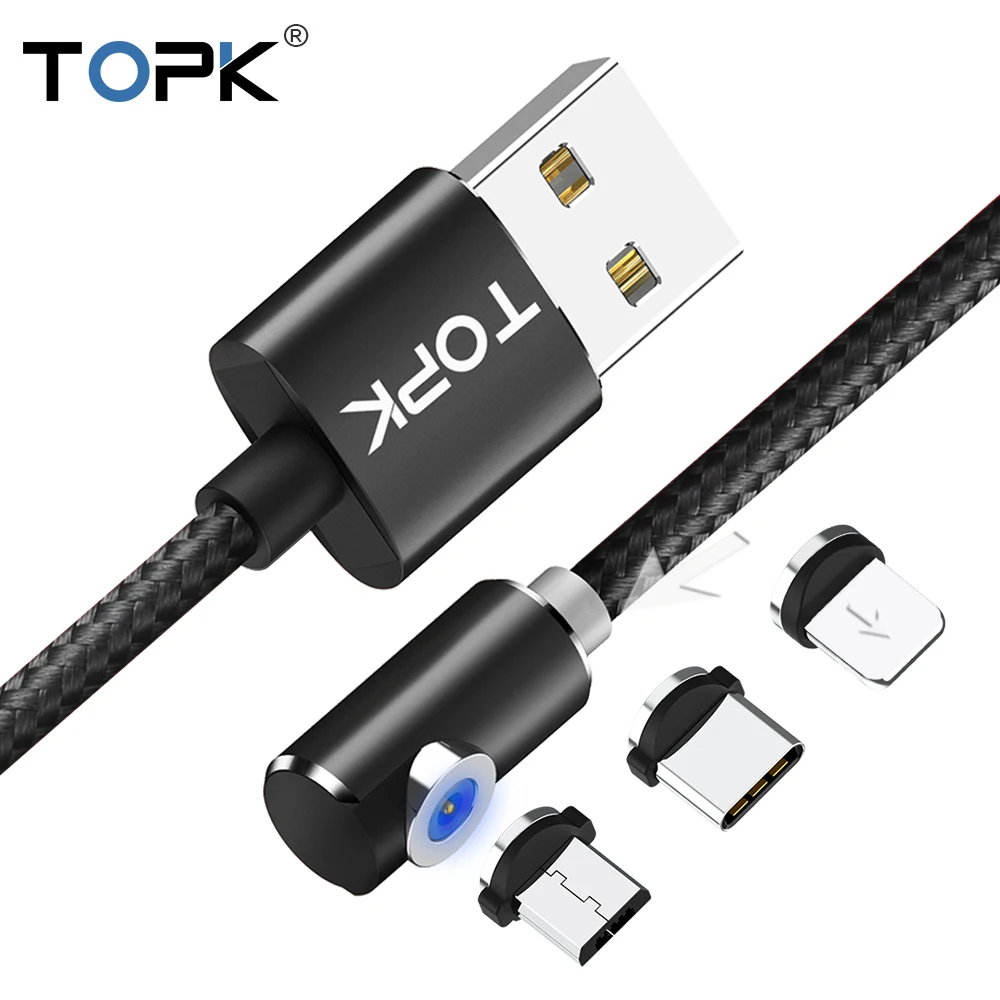 TOPK AM51 90 градусов светодиодный Micro USB кабель Магнитный зарядный кабель для iPhone samsung Xiaomi usb type C Магнитный зарядный кабель адаптер