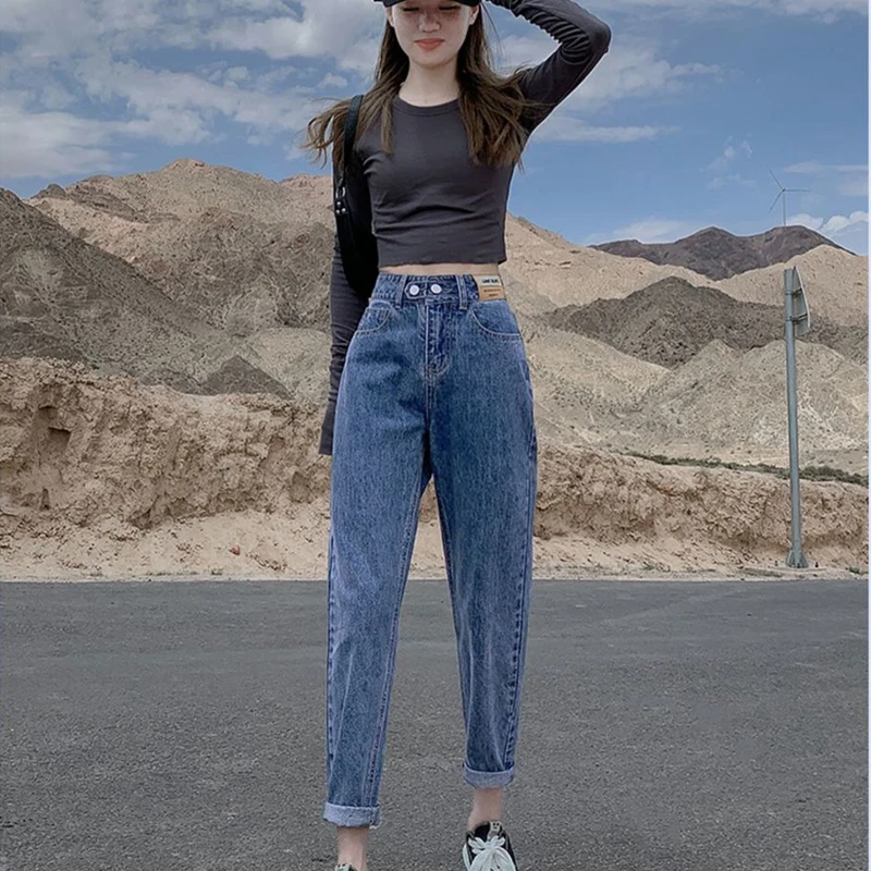 

Boyfriend Jeans Korean Pants Women High Waist Washed Button Fly Denim Streetwear Pants Loose Mom Jeans Cute Straight y2k Jeans