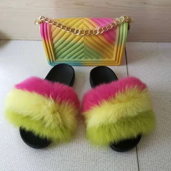 

Women Summer Fox Fur Slippers Colorful Jelly Bag Fluffy Slippers Fashion Furry slides Plush Slipper Sets Fox Fur Slides shoes