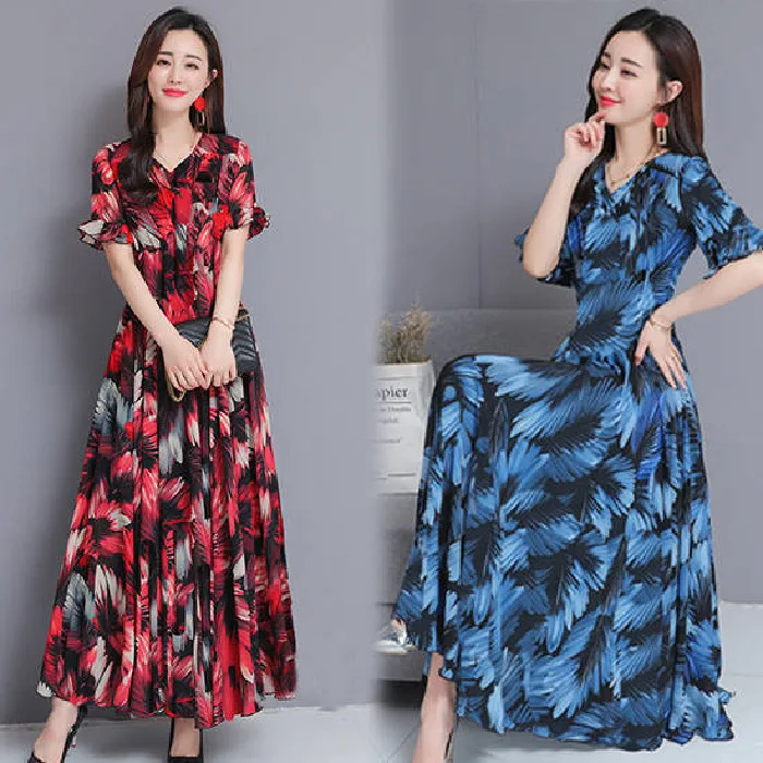 

2020 New Style Korean-style Spring Summer Waist Hugging Cover Meat Slimming Dress Mid-length Middle-aged WOMEN'S Apparels Printe