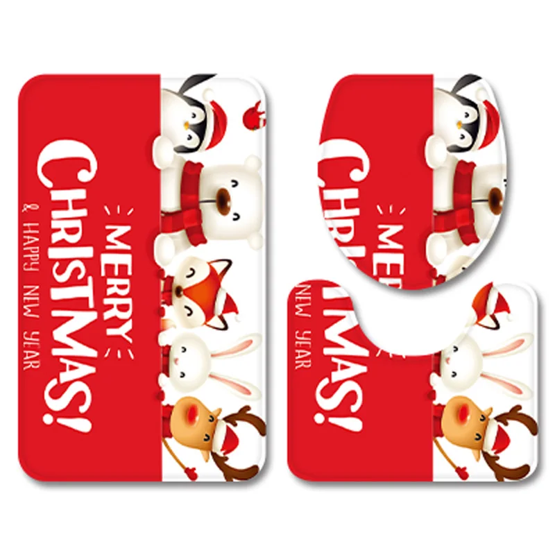 Cartoon Animals Xmas Bathroom Carpet Set Flannel Home Decor Toilet Pad Cover Bath Mat Christmas Bears Red Toilet Seat Cover Set
