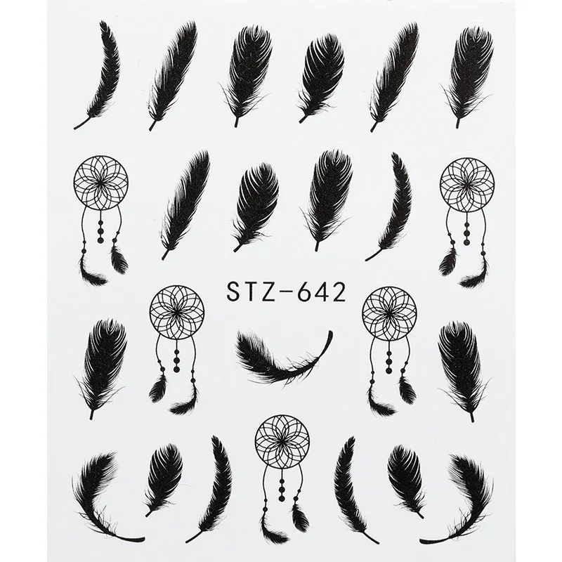 1 лист, черно-белые цветы, наклейки для ногтей, зеленые листья, водная наклейка, слайдер для дизайна ногтей, обертывания, маникюрный декор, тату - Цвет: STZ-642