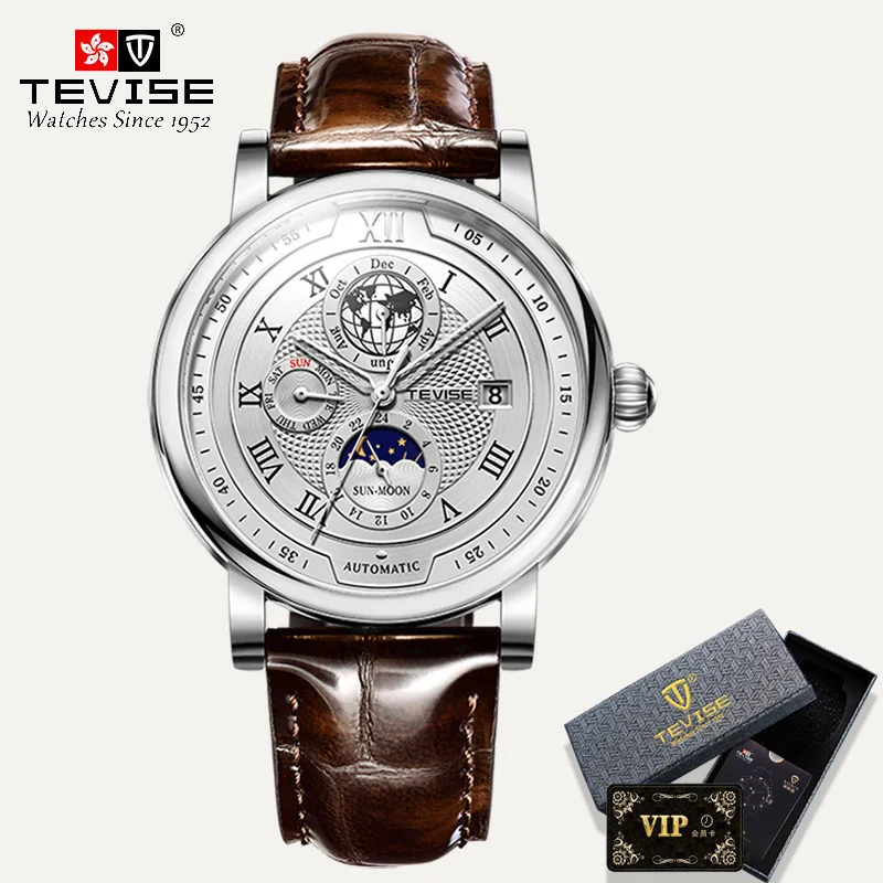 2021 New TEVISE Mens Mechanical Watches Top Brand Luxury Leather Moon Phase Automatic Watch Men Fashion Sport Waterproof Clock 