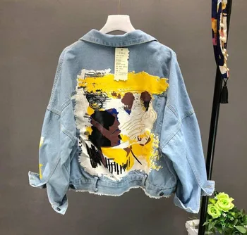 

Neploe Hand-painted Pattern Chic Coat Letters Print Cool Girl Denim Jacket 2020 Spring Autumn Fashion Pockets BF Outwear