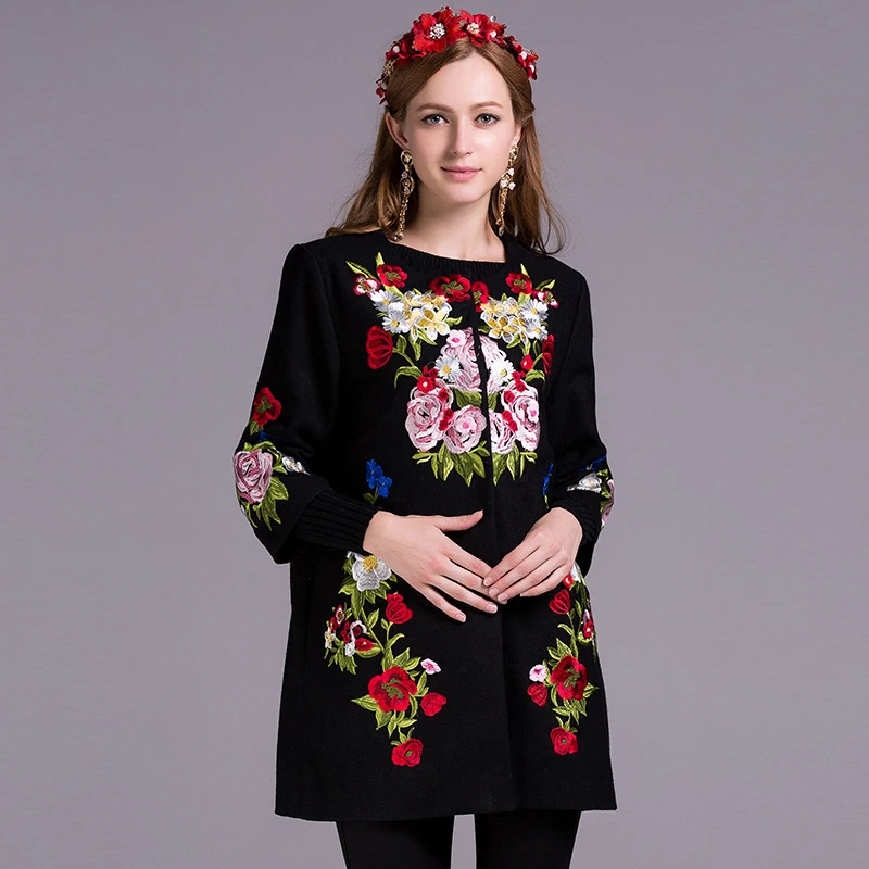 Модное дизайнерское пальто для подиума, женское высококачественное шерстяное пальто с цветочной вышивкой красного и черного цвета