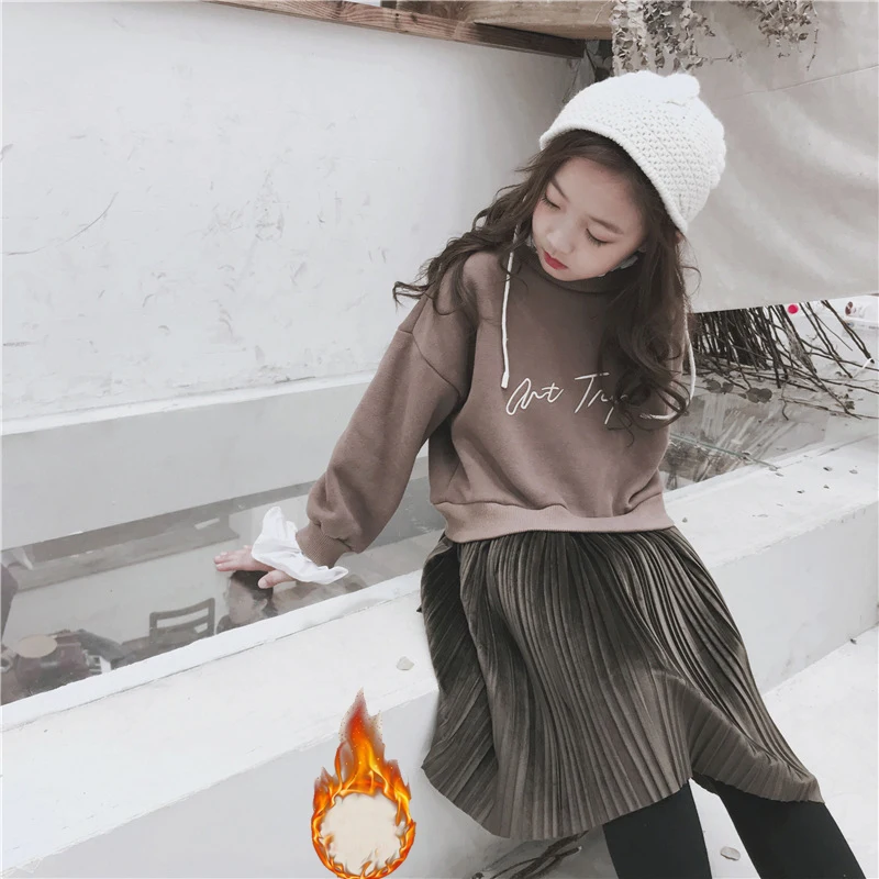 Корейский стиль, вельветовое искусственное Утепленное зимнее платье из 2 предметов для девочек, повседневная одежда с длинными рукавами для девочек