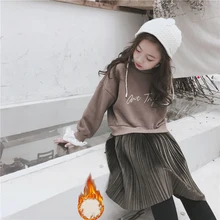 Корейский стиль, вельветовое искусственное Утепленное зимнее платье из 2 предметов для девочек, повседневная одежда с длинными рукавами для девочек