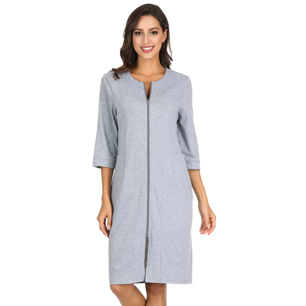 Женские ночные халаты с рукавом 3/4 круглым вырезом и молнией ночная рубашка