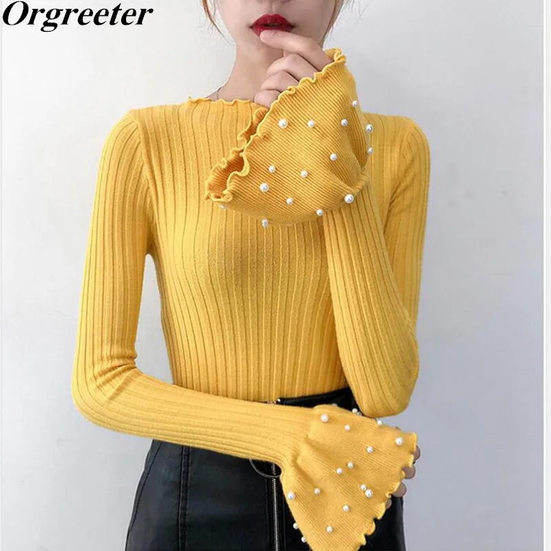 

Chic Pearl Beading Sleeve Solid Sweater Women Autumn Knitted Flare Sleeve Pullover Elastic Slim Soft Jumper Female Knit Tops