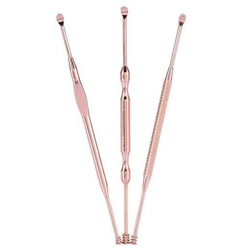 

3pcs Double-end Ear Spoon Set Rose Gold Stainless Steel Spiral Wax Removers Ear Cleaning Tool For Daily Personal Health Care n