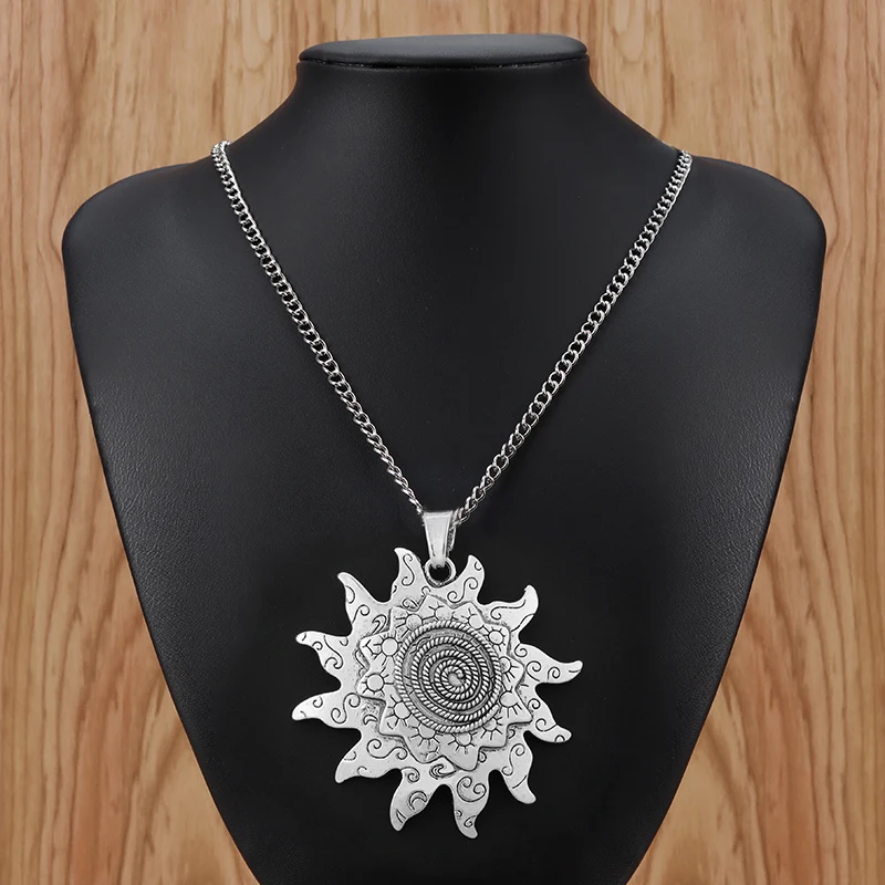 ZXZ модный большой старинный серебряный массивный металлический спиральный кулон в виде цветка солнца на длинной цепочке, ожерелье Lagenlook 34"