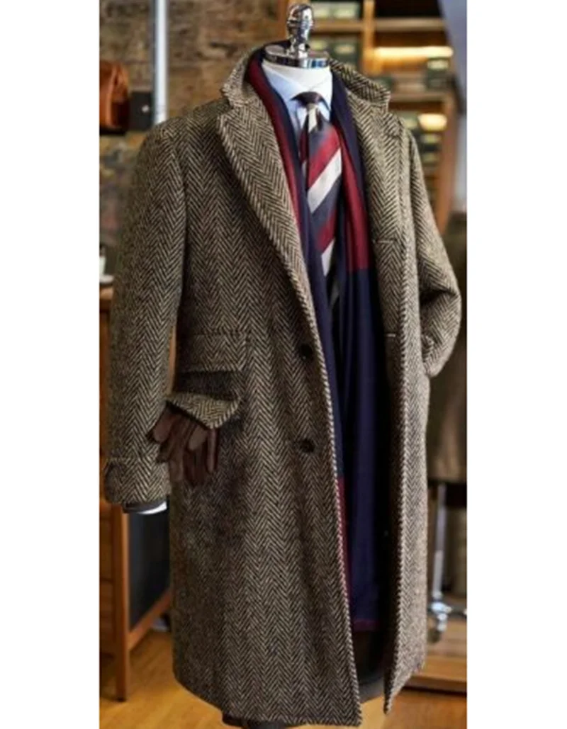 Новинка, коричневые мужские костюмы, твид, лацкан с тупым углом, Terno Masculino, елочка, классический мужской костюм на заказ