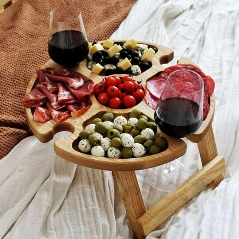 Foldable Table Wooden Outdoor Wine Table with Glass Holder for Garden Party