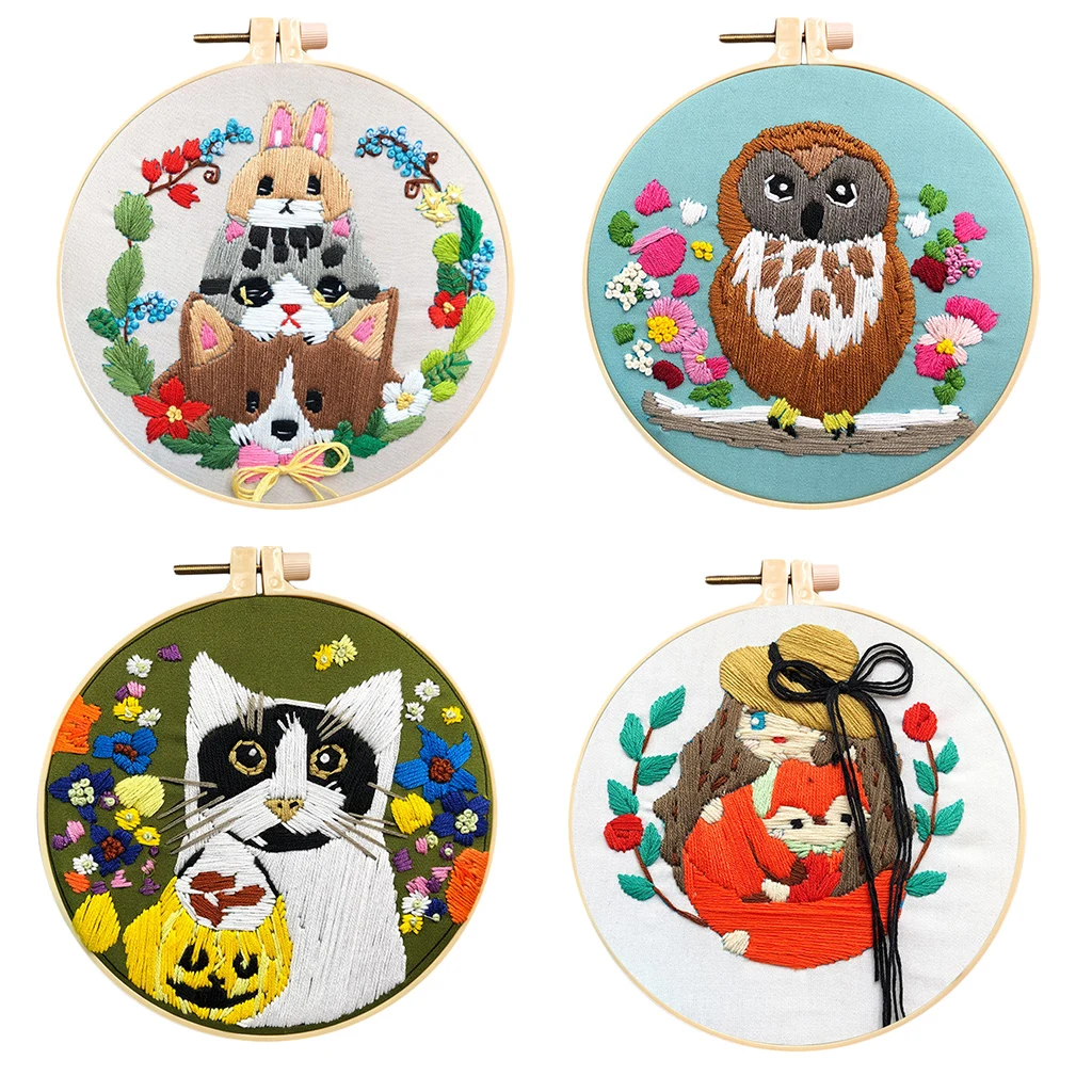 Pre-printed Embroidery Cross Stitch Starter Kit Cloth Needles Bamboo Hoop Tools