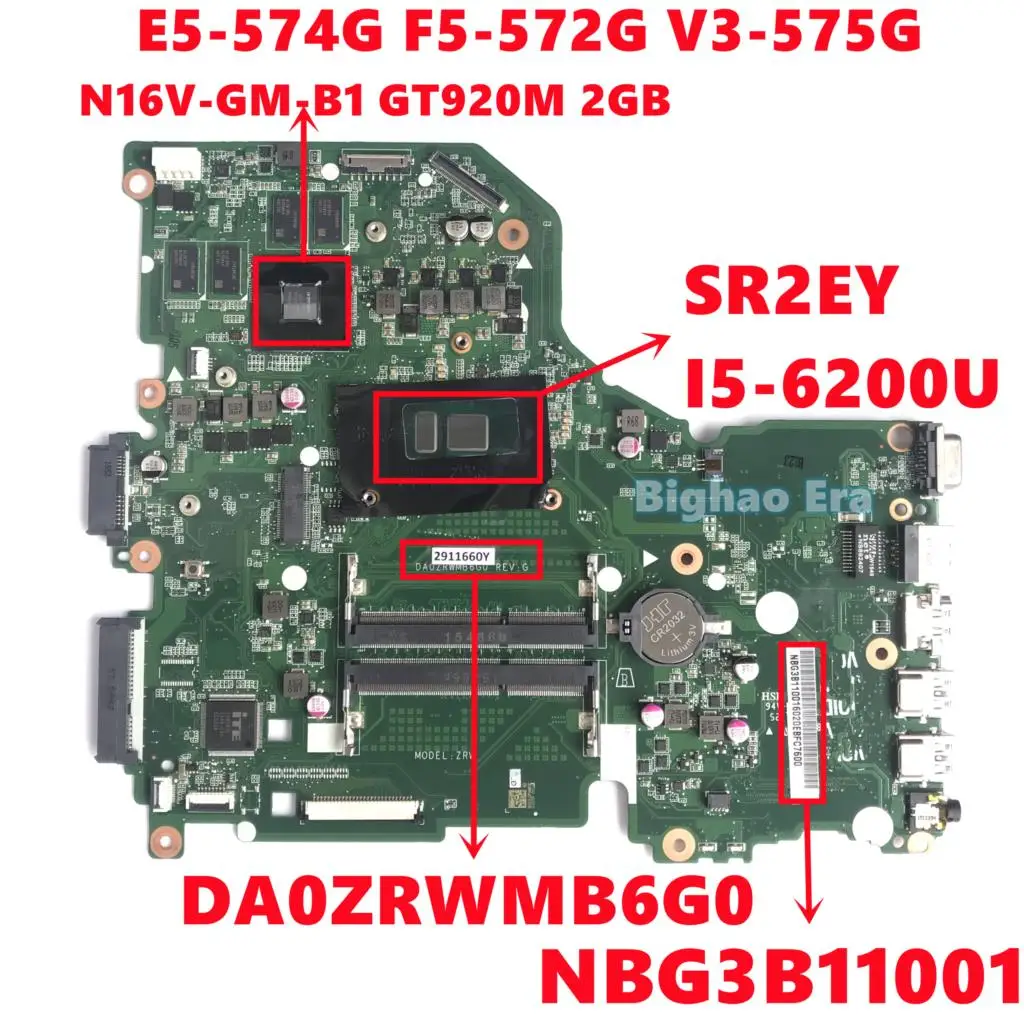 NBG3B11001 для Acer Aspire E5-574G F5-572G V3-575G I5-6200U материнская плата ноутбука DA0ZRWMB6G0 с N16V-GM-B1 2 ГБ