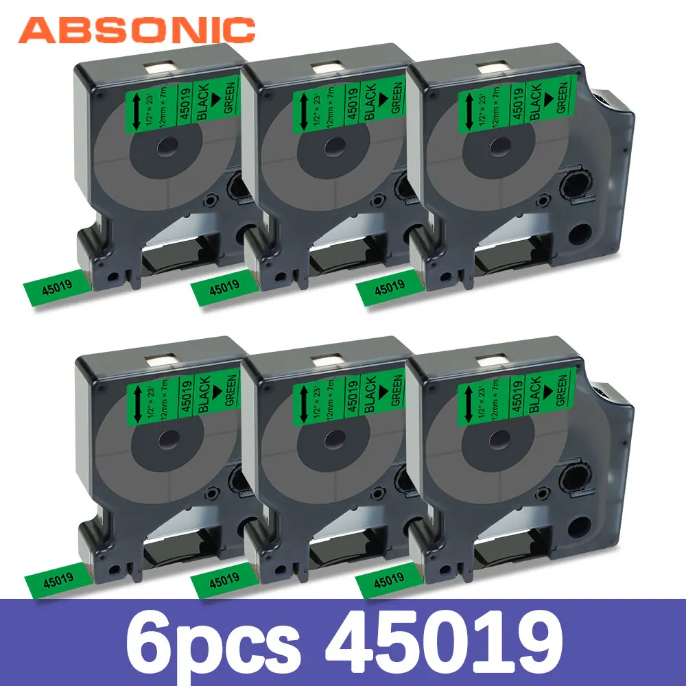 Absonic 6PK 12 мм совместимый с Dymo D1 ярлык 45019 черный на зеленый для производитель