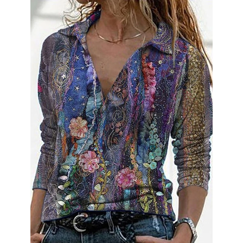 

Women Vintage Flower Printed Shirt Casual Loose Turn Down Collar Tops Office Lady Long Sleeve Shirt Oversize Tee