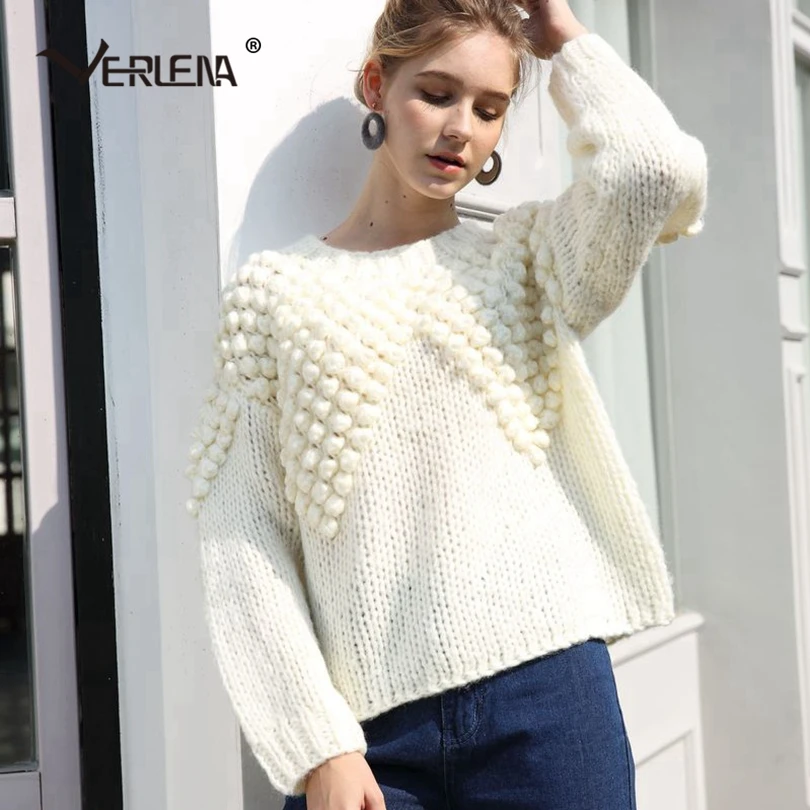 Verlena Loose Thick Autumn Winter Mahair Jumper Solid Blue Bobble Chunky Knitted Sweater Women Long Sleeve O-Neck Pullover
