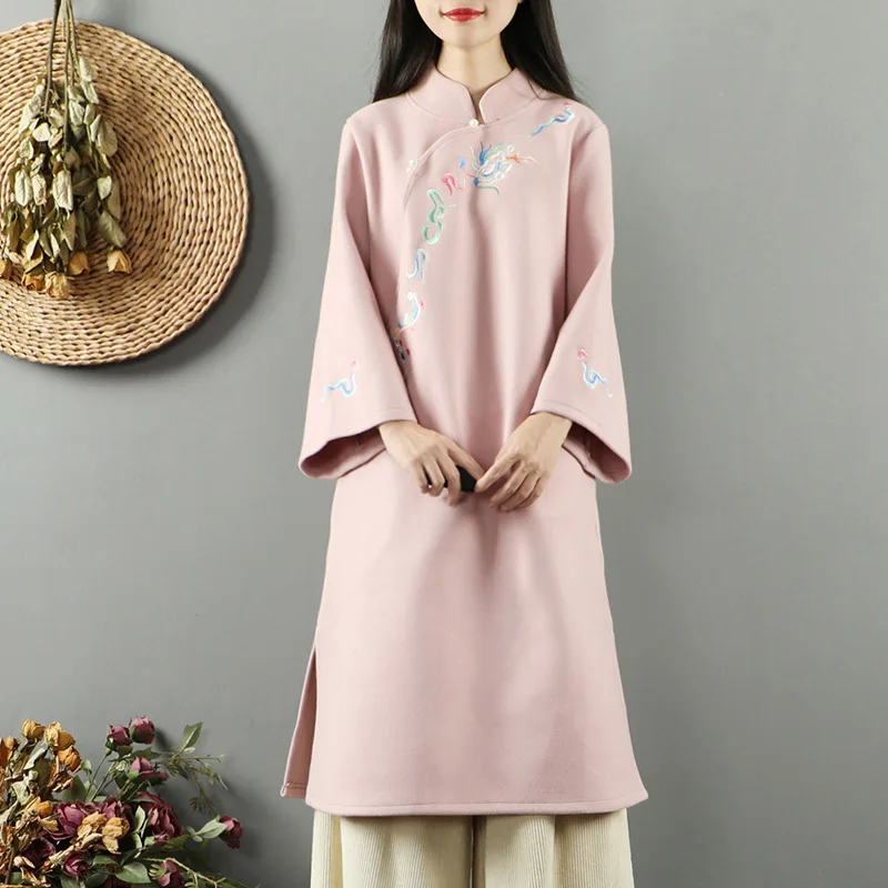 

Chinese-style Retro Literature And Art Woolen Dress National Wind Mid-length Thick Chinese Button Knots Cheongsam Tea Service Ro