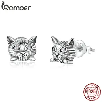 

bamoer Kitty Cat Animal Stud Earrings for Women 925 Sterling Silver Anti-allergy Ear Pins Gift for Girl Fine Jewelry SCE889