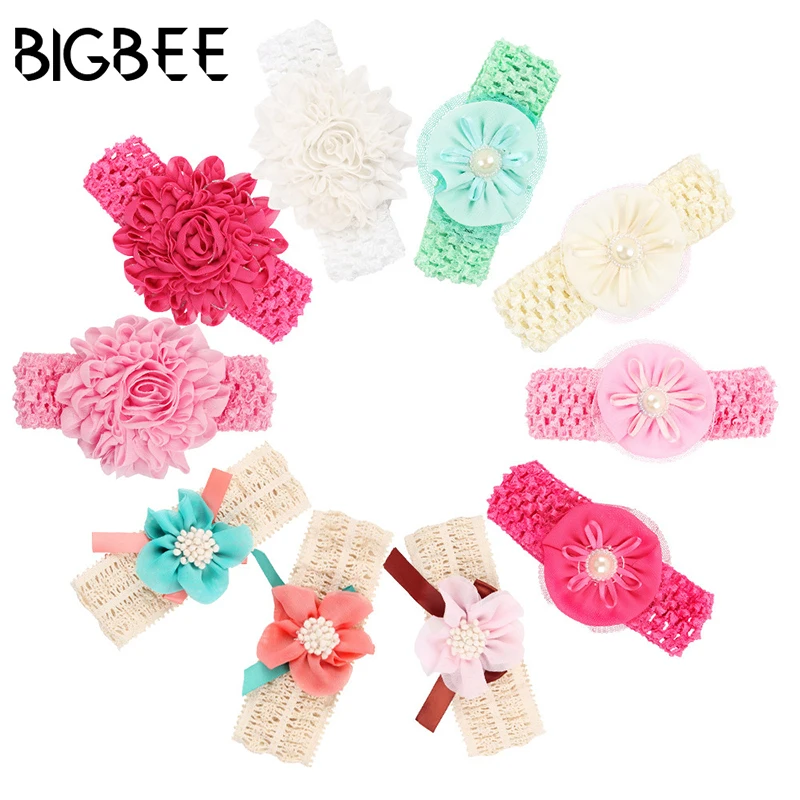 

Fine Solid Color Baby Headbands kid Girls Pearl Turban Elastic Manual Chiffon Headband Children Flower Headwear Hair Accessories