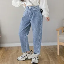 Женские джинсы с высокой талией, свободные винтажные джинсы с высокой талией для отдыха, женские джинсы в Корейском стиле, универсальные простые джинсы