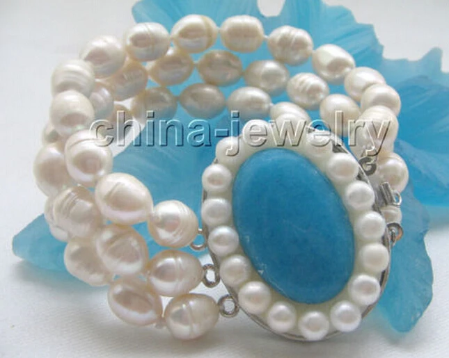 DYY 914+++ красивый 3row " естественный белый барокко браслет из пресноводного жемчуга-синий