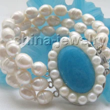 DYY 914+++ красивый 3row " естественный белый барокко браслет из пресноводного жемчуга-синий