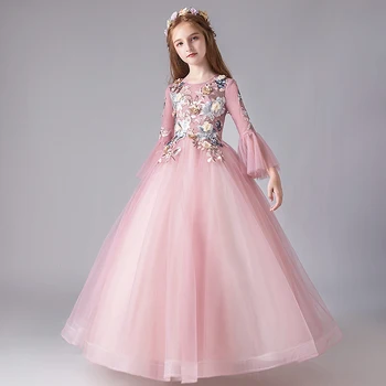

Beads Appliques Pink Tulle Girl Pageant Princess Birthday Dress Flare Sleeve Kids Wedding First Communion Party Flower Girl Gown