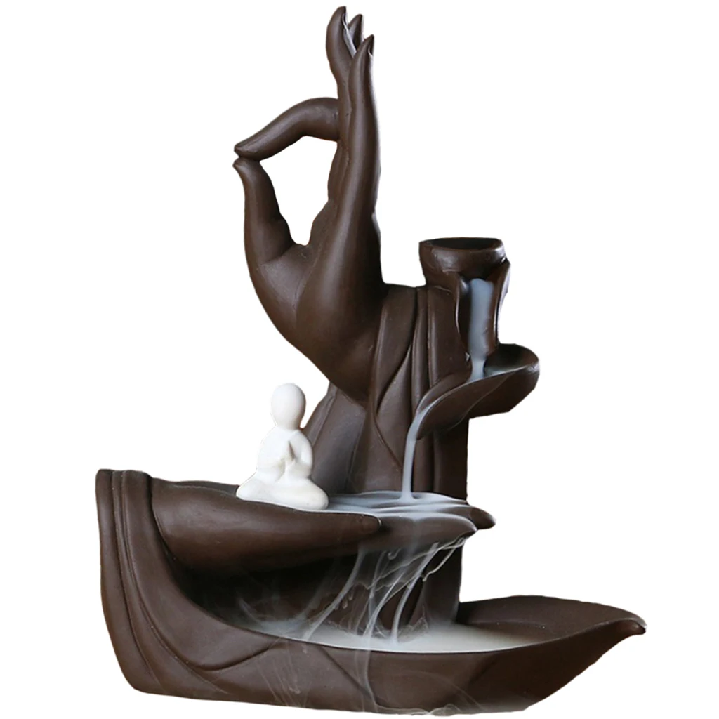 Ceramic Waterfall Backflow Incense Burner Incenser Stick Home Decoration Aromatherapy Ornament ,Lotus Hand &Buddha Design