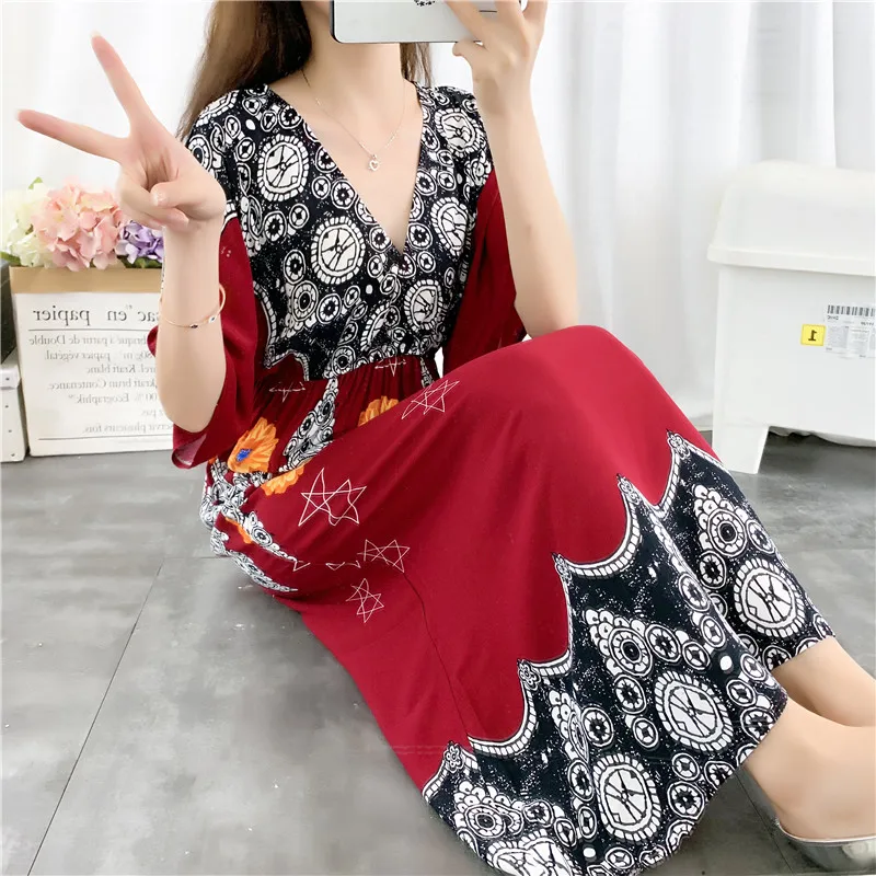 

S-4XL Bohemia V-neck Chiffon PrintingEthnic Style Beach Ankle-Length Dress 2020 Spring Empire 5 Points Sleeve Holiday Dress