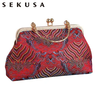 

SEKUSA vintage style printed flower ladies evening bags wedding handbags with shoulder chain handbags purse
