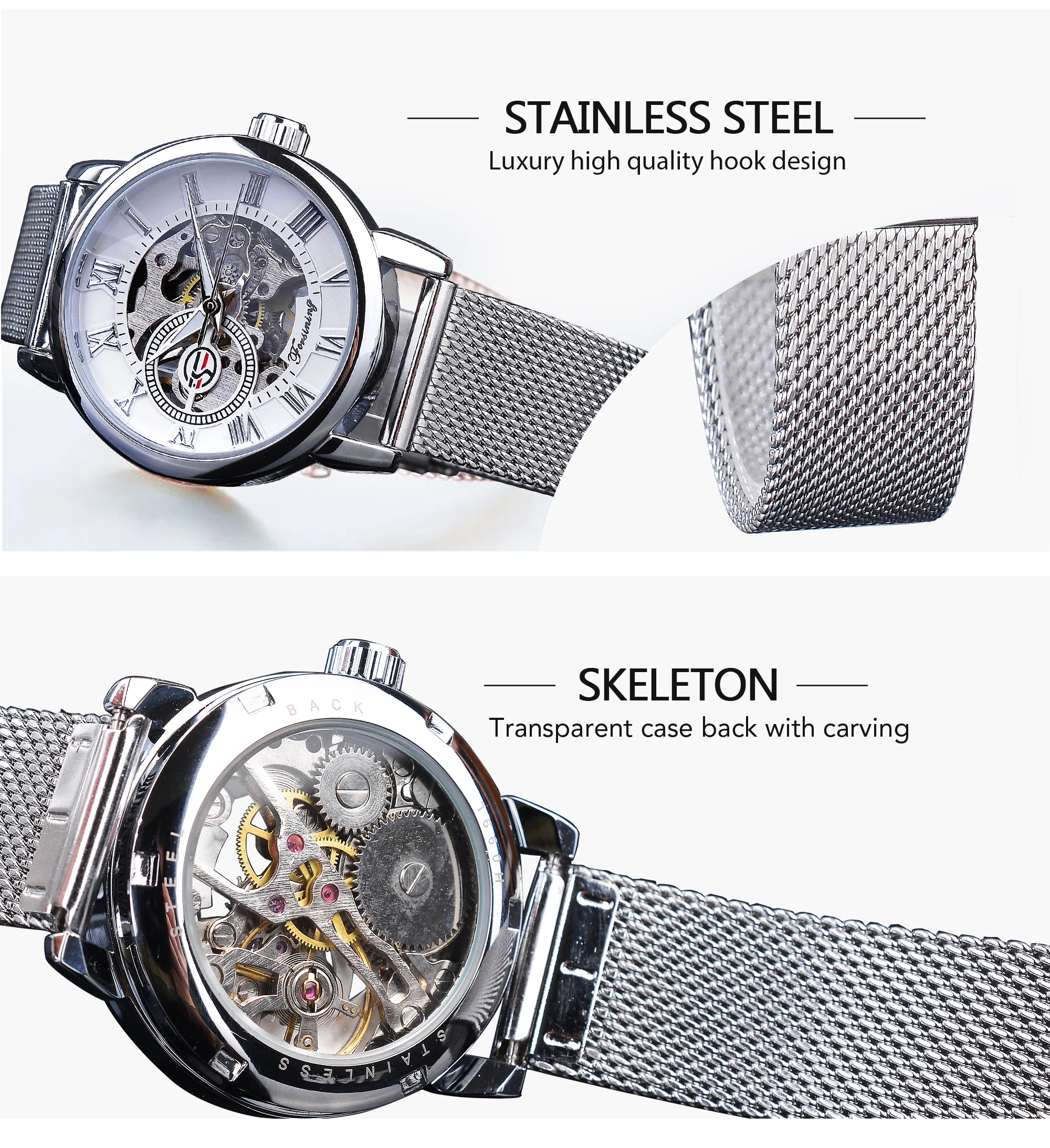 Forsining Fashion Women's Luxury Rose Golden Mechanical Watch Roman Numerals Transparent Skeleton Watches Stainless Steel Clock