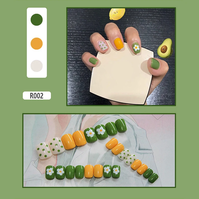 Fashion Cute Girls Acrylic Flower Fake Nails Tips Flower Pattern Decorated For UV Gel Nail Art Accessories Kit