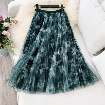 

Women A-Line Mesh Pleated Ball Gown Skirt Spring Elastic High Waist Harajuku Skirts Female 2020 Summer Vintage Lady Clothes