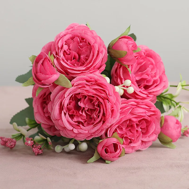 Artificial plants artificial flowers artificial rose petals artificial rose artificial tulip flower artificial flower bouquet artificial flower artificial leaves artificial branches 1pcs/30cm rose pink silk bouquet peony artificial flower 5 big head 4 small bud bride wedding home decoration