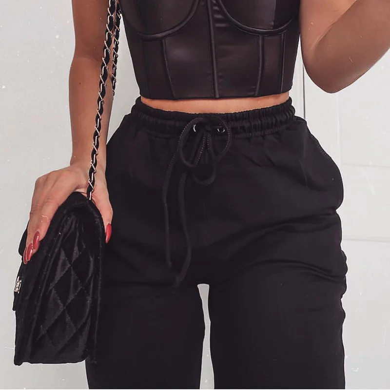 NewAsia Garden Streetwear Joggers Trousers Women Winter Autumn Pockets Black Khaki Casual Elastic High Waist Sweat Pants Women