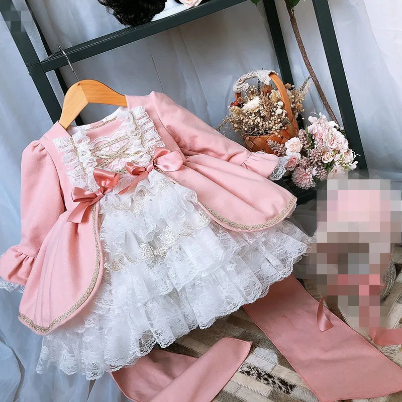 

2PCS Dress&Pants Girl Winter Wool Pink Long Sleeve Vintage Spanish Lolita Princess Ball Gown Dress with Pants Girl Birthday